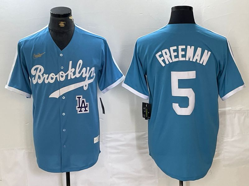Men Los Angeles Dodgers #5 Freeman Light blue Throwback 2024 Nike MLB Jersey style 2->los angeles dodgers->MLB Jersey